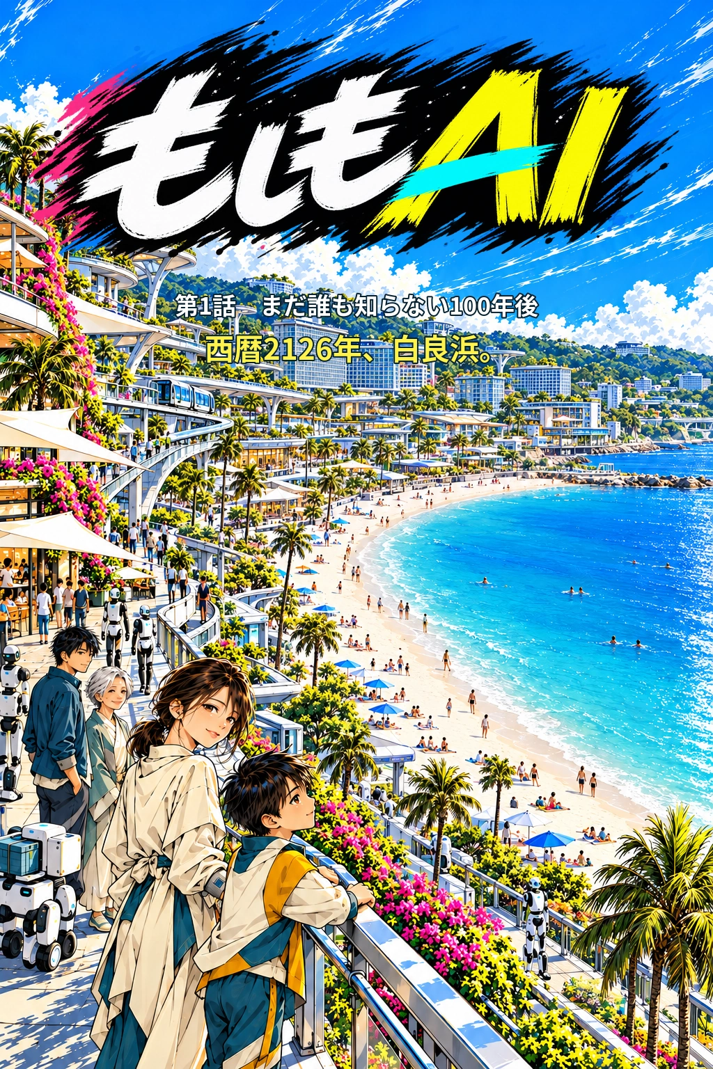 もしもAI 第1話。2126年の白良浜と、美緒と亮の子孫を描いた表紙。